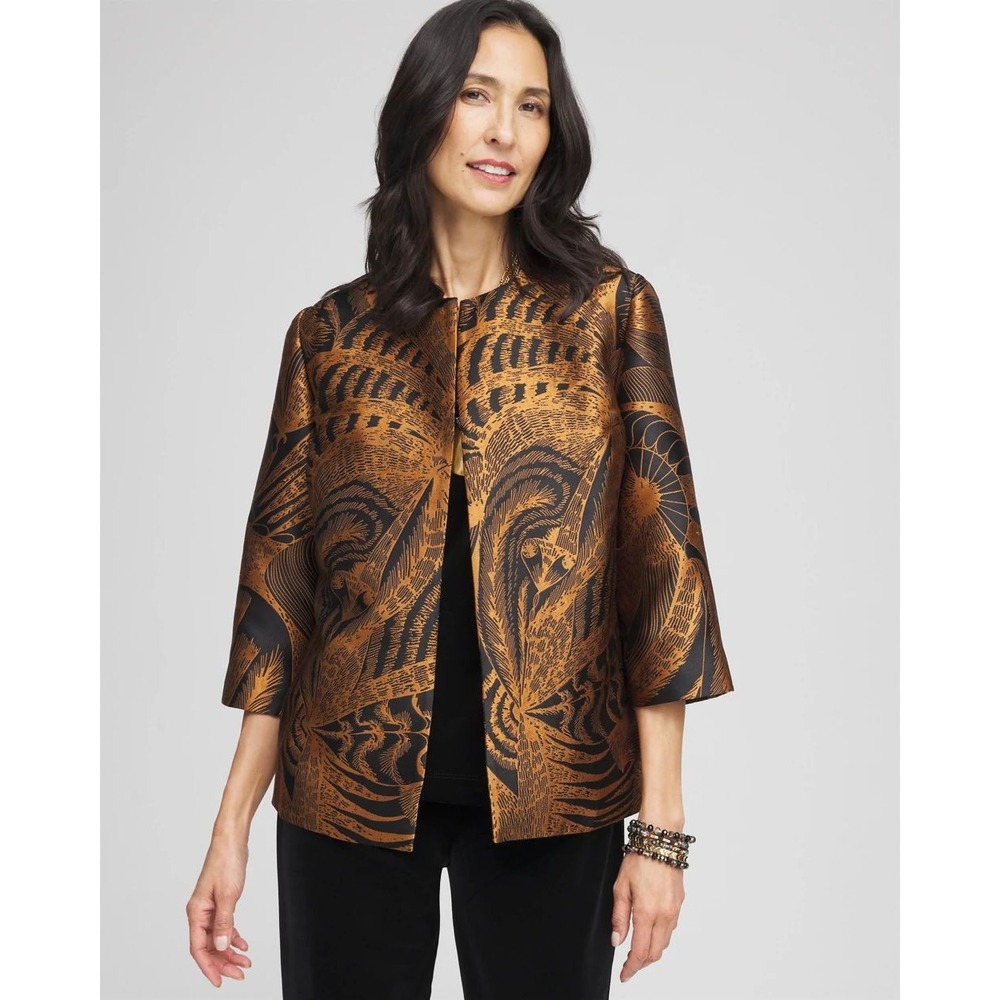 NWT Chico's Travelers Floral Jacquard Jacket FLAWS Copper Black Open Front Large
